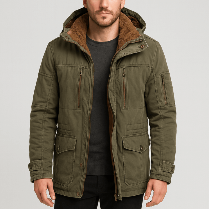 Men's warm winter jacket with multiple practical pockets