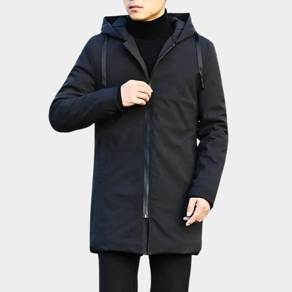 Men's classic fit raincoat displayed from the back