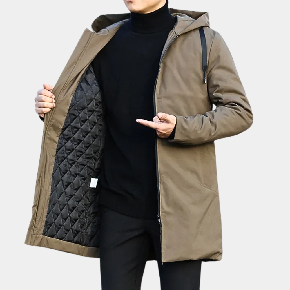 Close-up of the lined fabric inside a men's raincoat