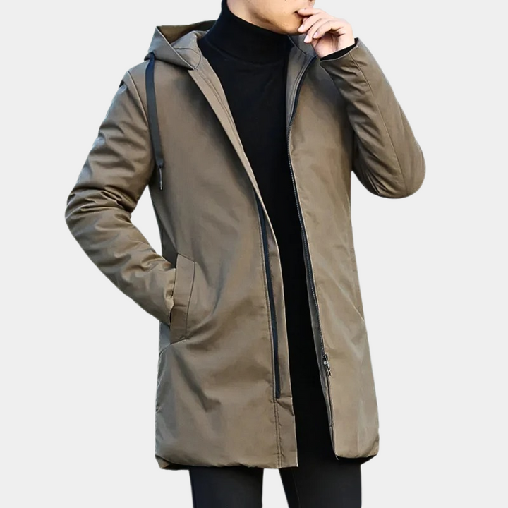 Side view of the men's lined raincoat showing its classic fit