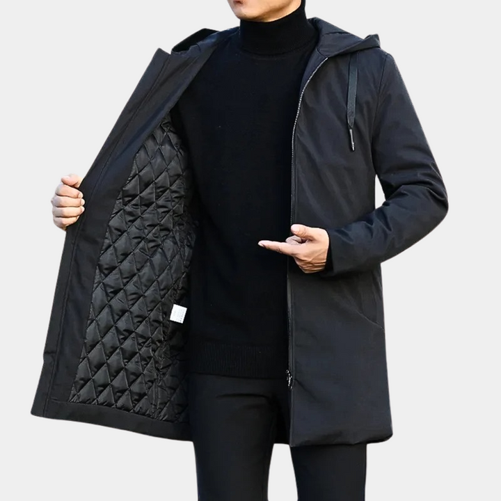 Men's lined classic fit raincoat shown from the front