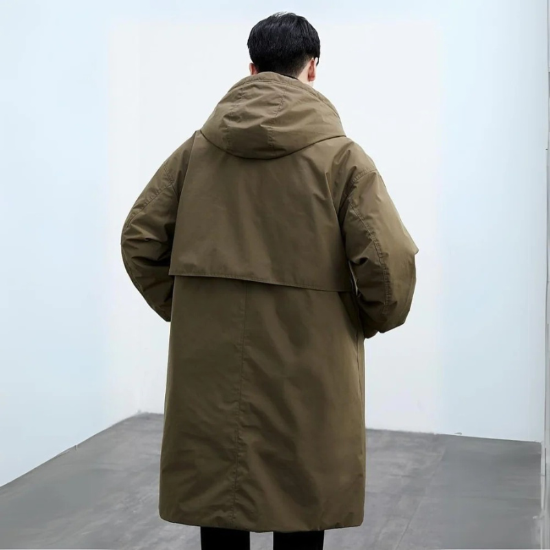 Side view of a men's longline trench coat for winter