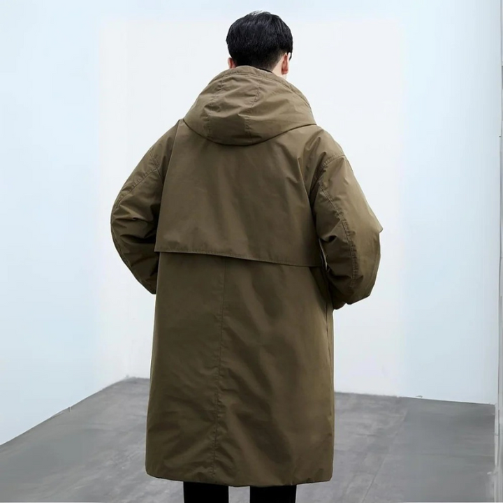 Side view of a men's longline trench coat for winter