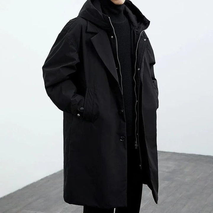 Back view of a men's longline winter trench coat