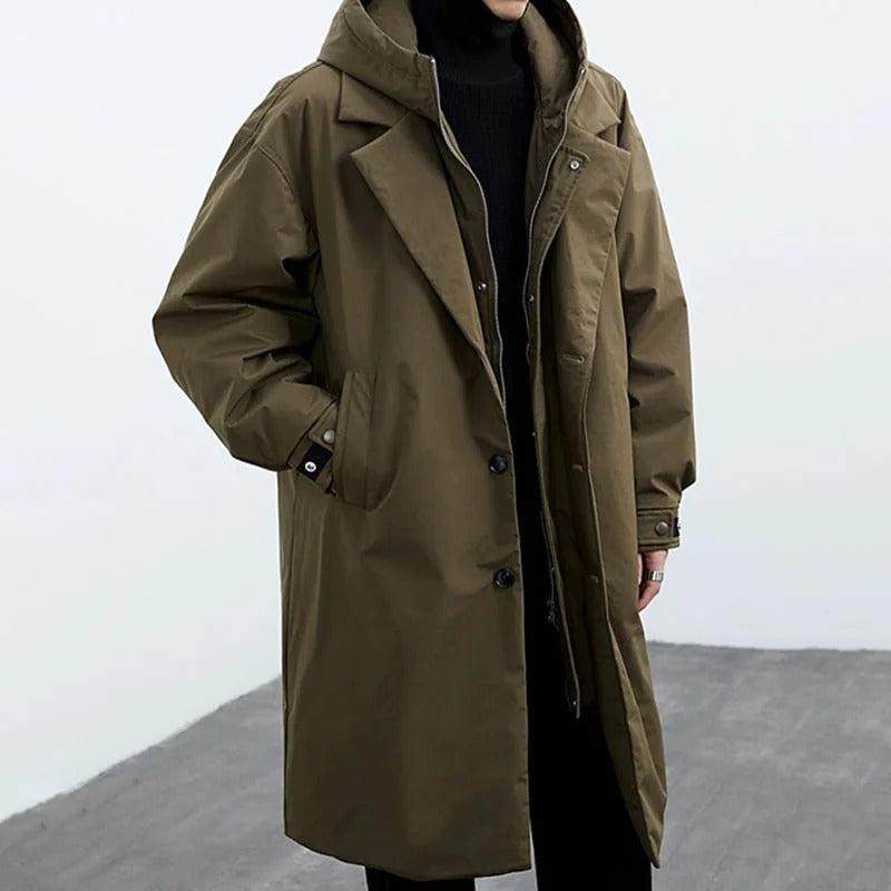 Men's longline winter trench coat shown from the front