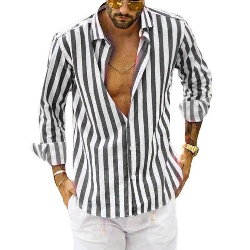 Back view of a men's striped shirt with long sleeves