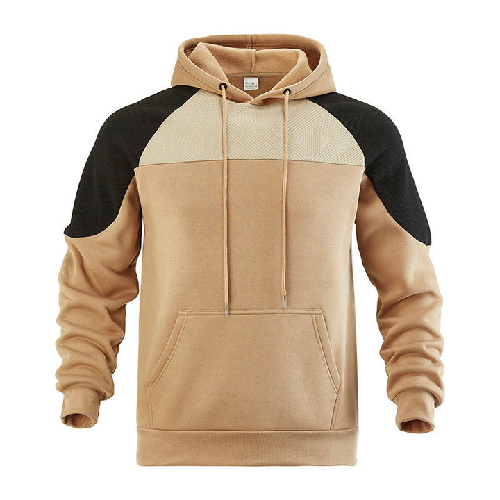 Hood and neckline of a men's textured pullover hoodie