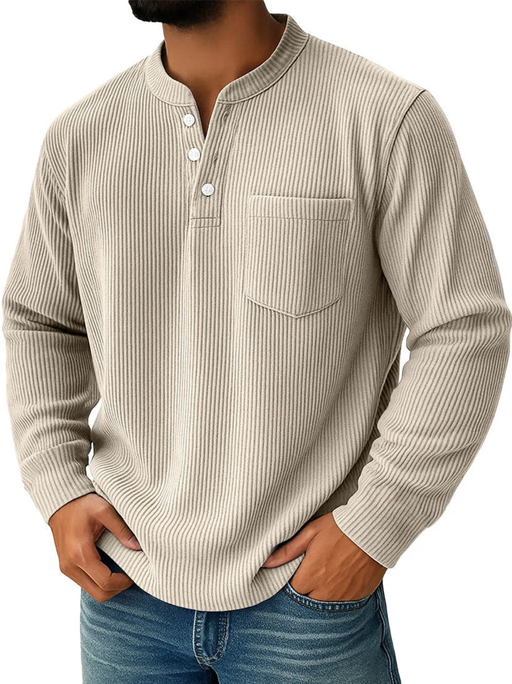 Men's Waffle Knit Henley Shirt Stand Collar Pocket