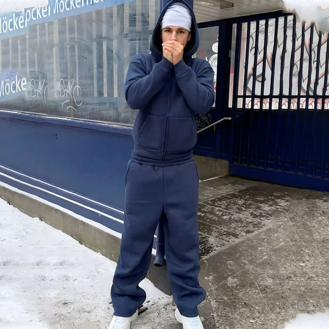 Front view of men's oversized zip hoodie and relaxed sweatpants set