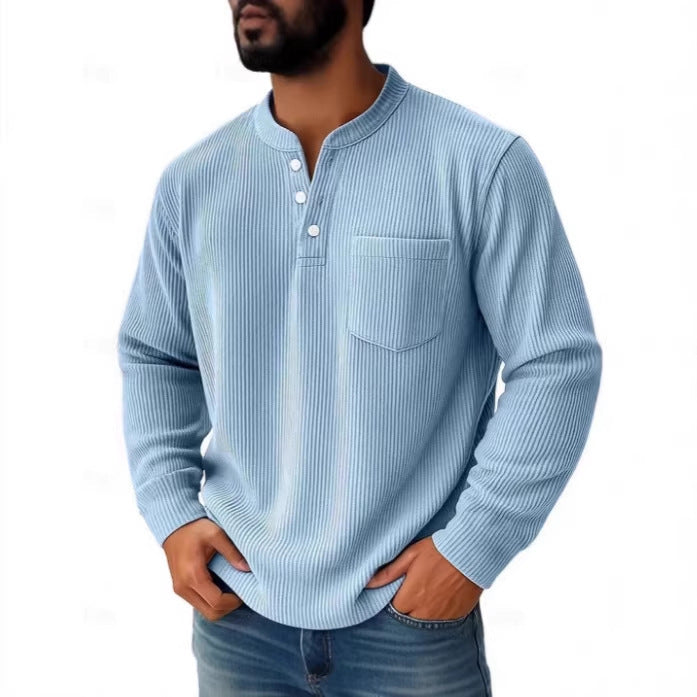 Men's waffle knit Henley shirt with a stand collar and chest pocket