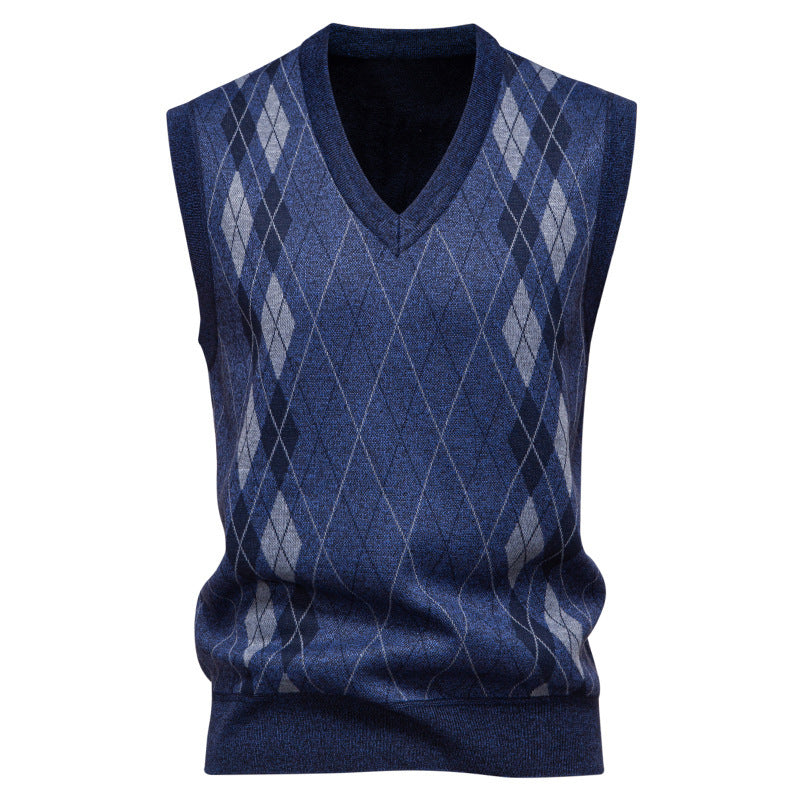 Close-up of the argyle knit texture on a men's waistcoat
