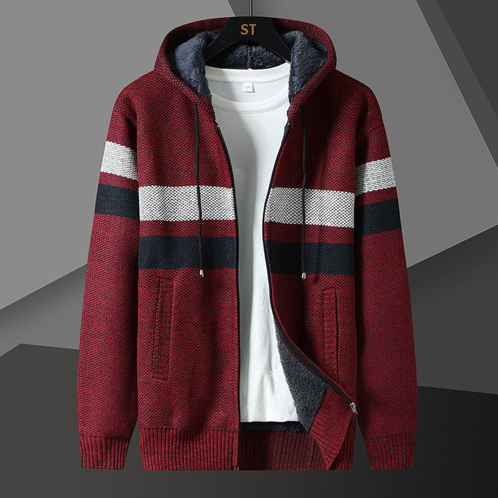 Hood detail on a warm men's knitted jacket