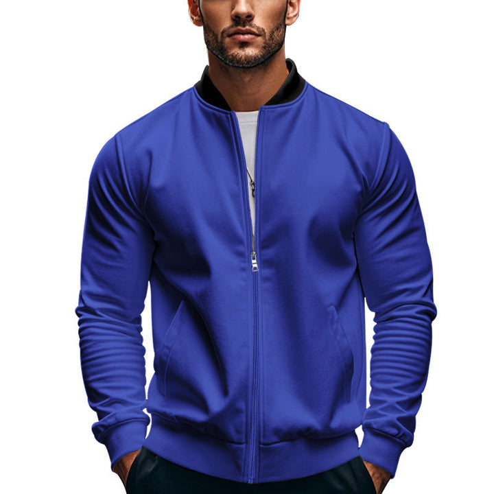 Front view of men's zip bomber jacket with a slim fit
