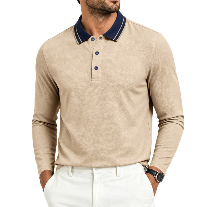 Men's piqué polo shirt showing its contrast collar and three-button placket