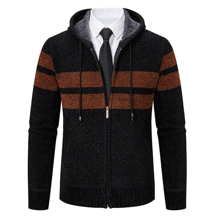 Close-up of the textured knit fabric on a men's hooded jacket