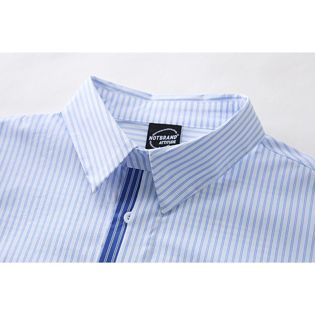 Men's blue striped short sleeve button-up shirt laid flat