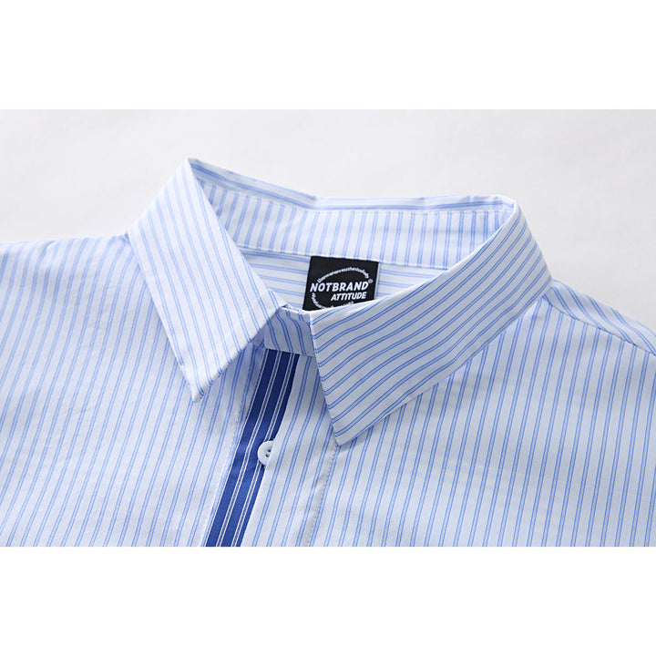 Men's blue striped short sleeve button-up shirt laid flat