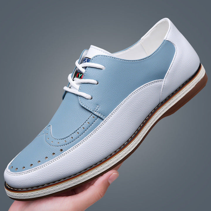 Side view of men's two-tone leather brogue shoe with perforated detailing