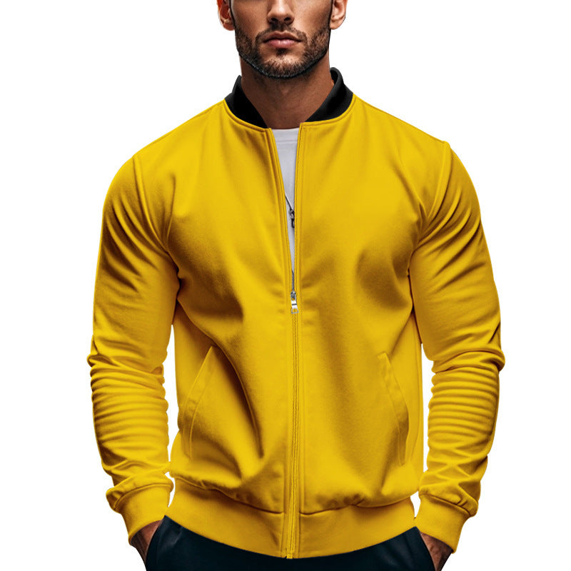 Side view of men's slim bomber jacket with long sleeves