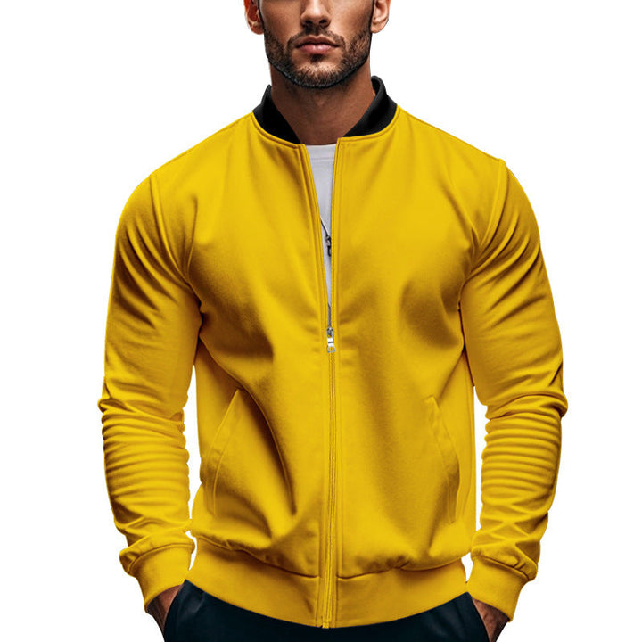 Side view of men's slim bomber jacket with long sleeves