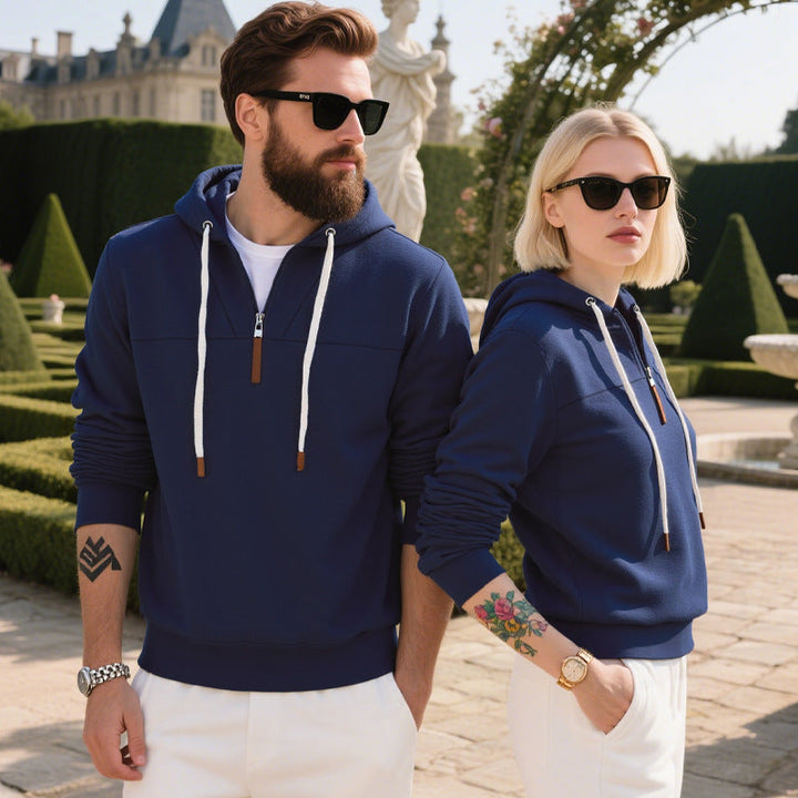 Close-up of the half-zip fastening on a soft fleece hoodie