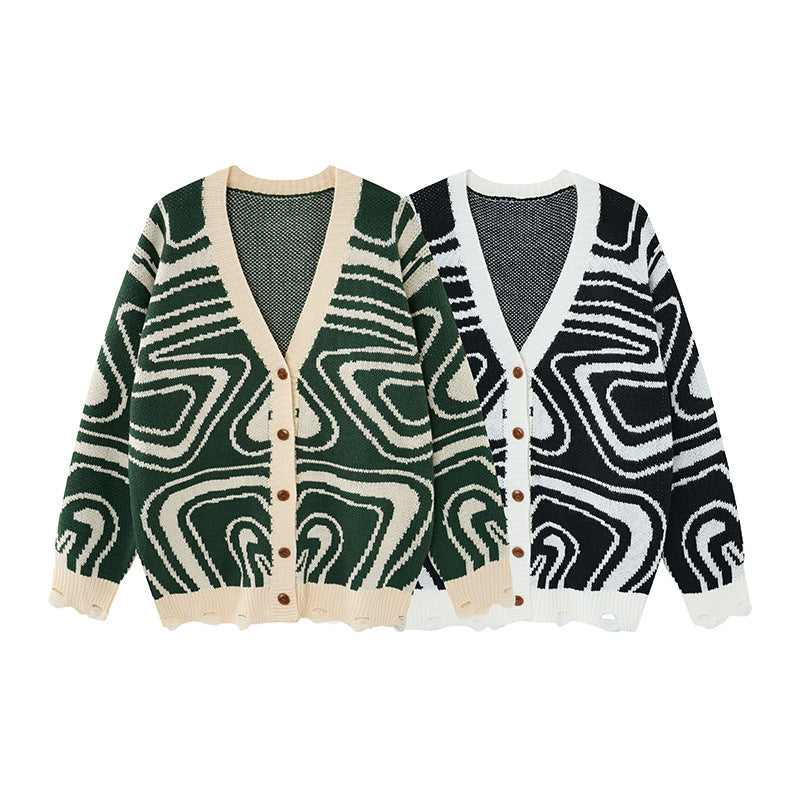 Men's abstract swirl knit cardigan shown from the front
