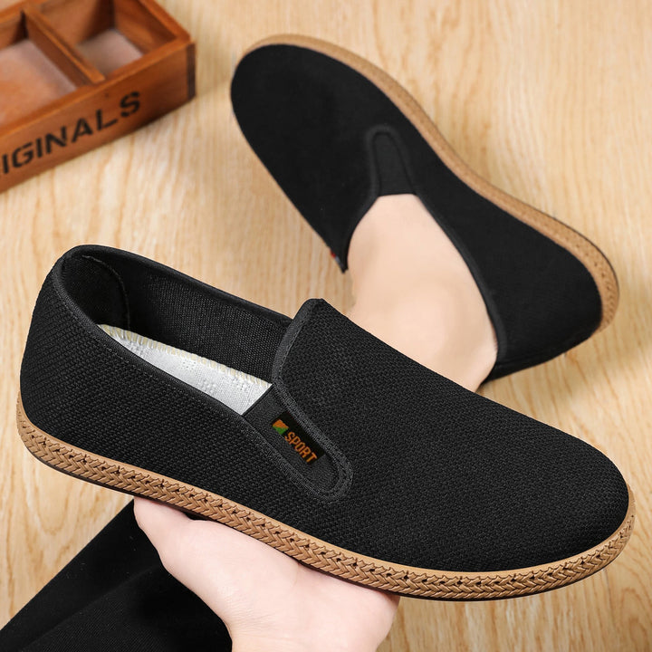 Close-up of the breathable knitted upper on men's slip-on shoes