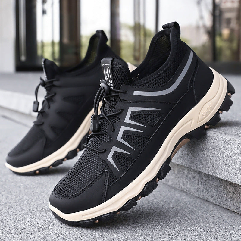 Close-up of the quick-lace fastening on breathable men's trekking trainers