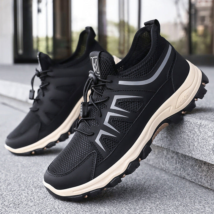Close-up of the quick-lace fastening on breathable men's trekking trainers