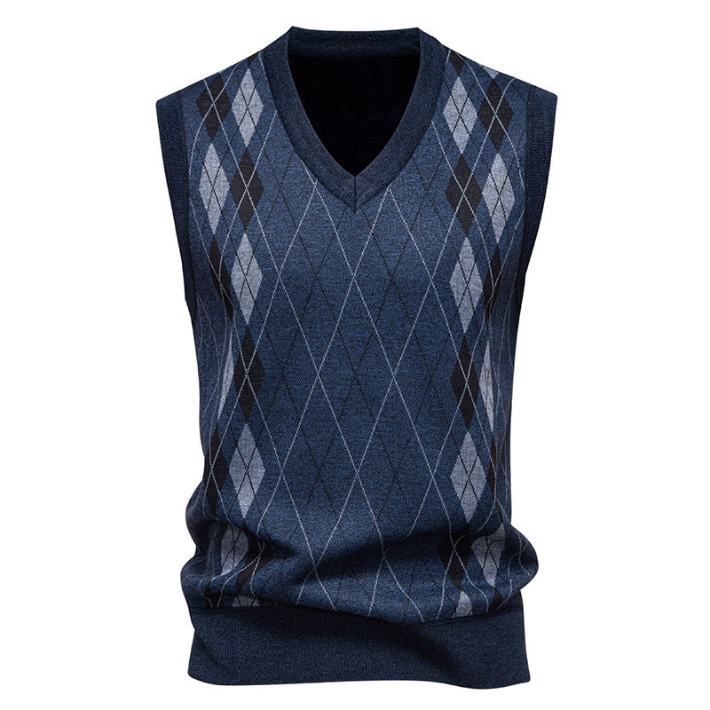 Men's waistcoat showing the diamond knit pattern and V-neck