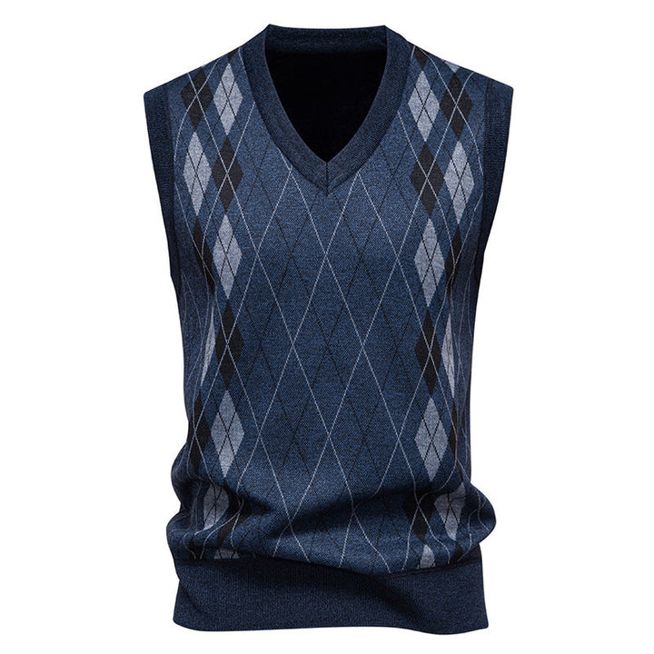 Men's waistcoat showing the diamond knit pattern and V-neck
