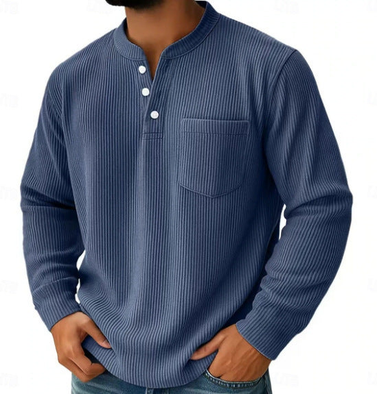 Side view of the men's Henley shirt showing its relaxed shape