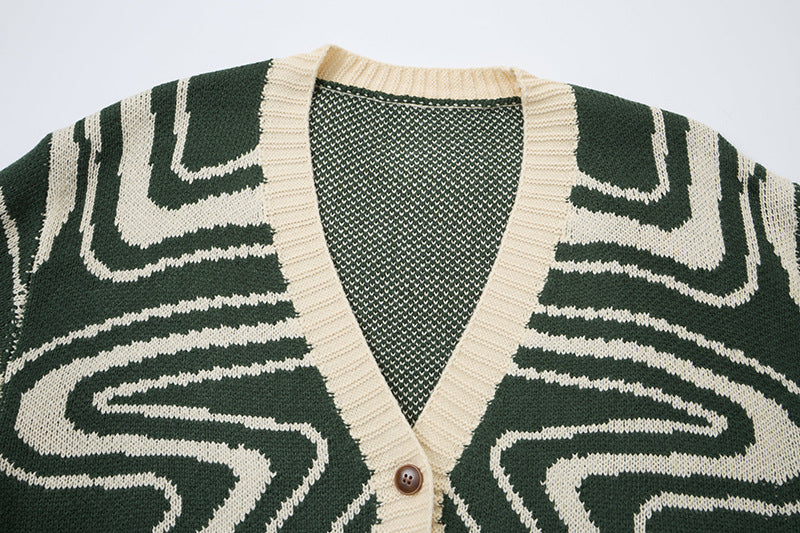 Back view of the men's abstract swirl knit cardigan