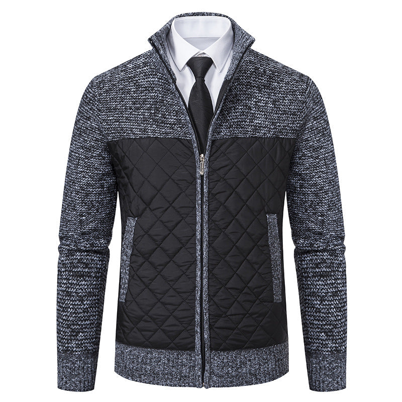 Front view of a men's quilted knit hybrid jacket