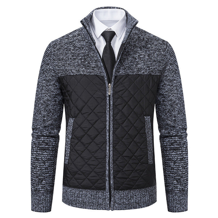 Front view of a men's quilted knit hybrid jacket