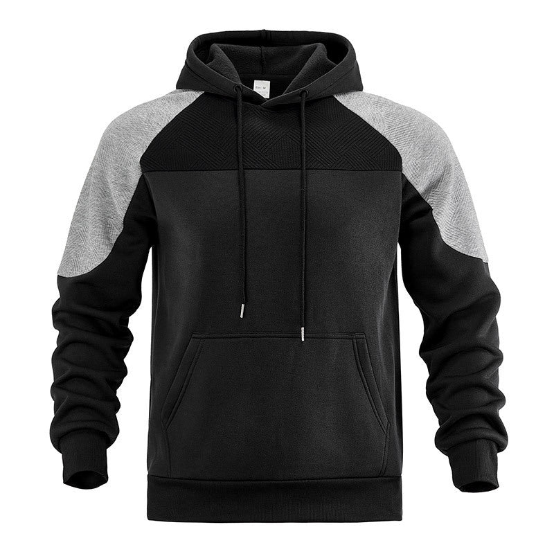 Front view of a men's textured panel pullover hoodie