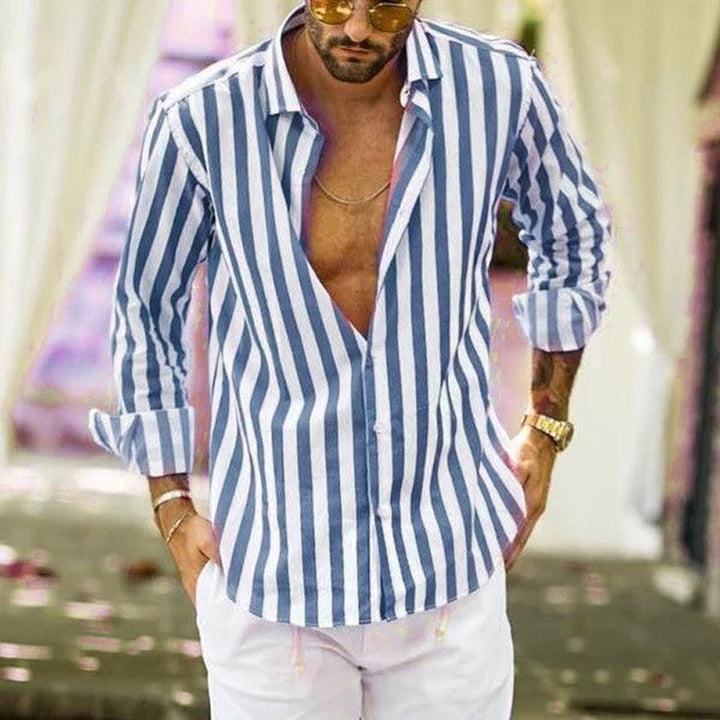Men's long-sleeve vertical stripe shirt with Kent collar