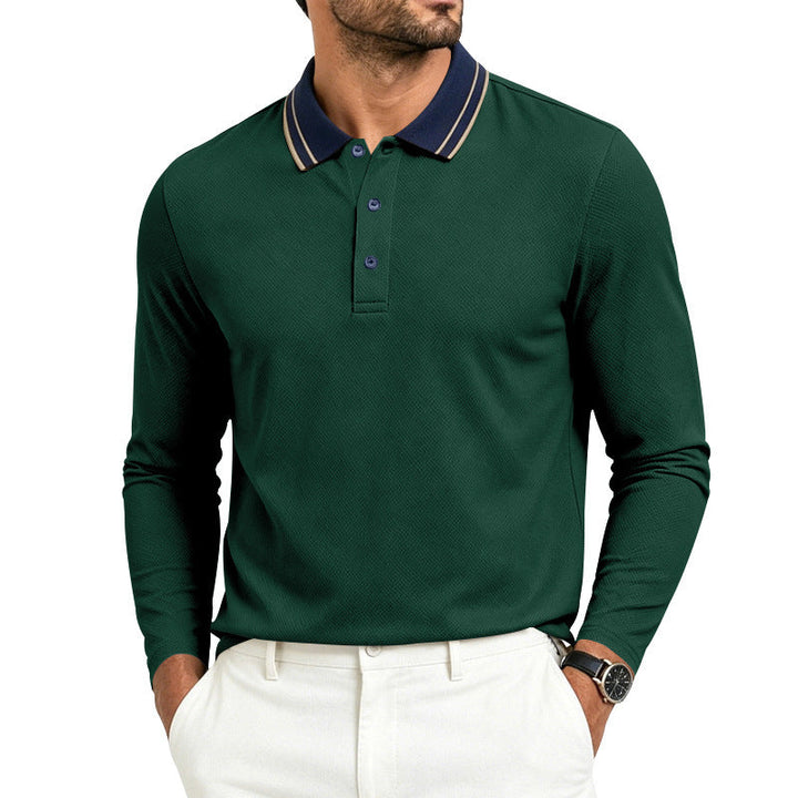 Close-up of the textured piqué fabric on a men's polo shirt