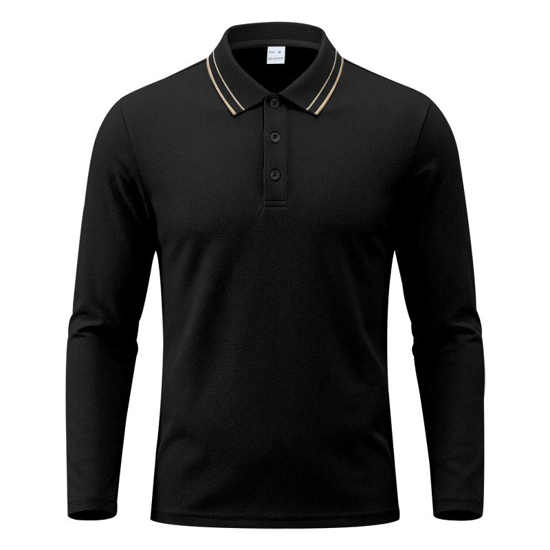 Three-button placket detail on a men's piqué polo shirt