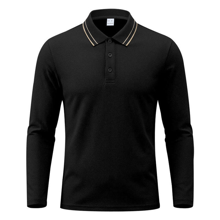 Three-button placket detail on a men's piqué polo shirt