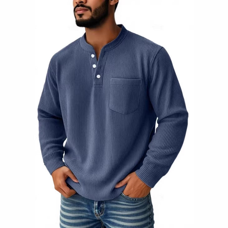 Chest pocket detail on a men's waffle knit Henley shirt