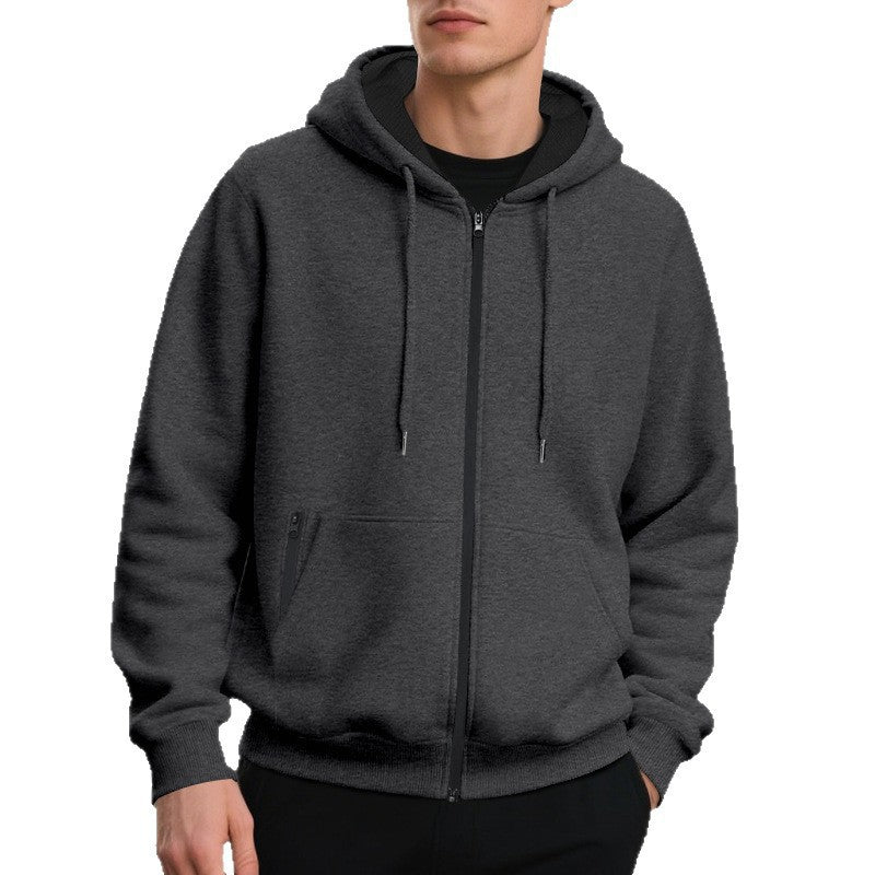 Side view of a relaxed-fit men's zip-up hoodie