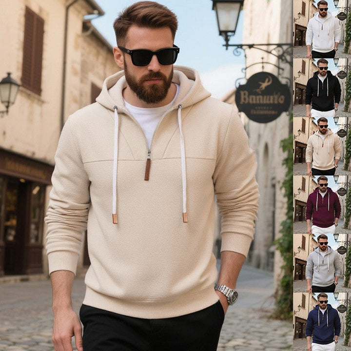 Men's soft fleece half-zip hoodie with a practical hood
