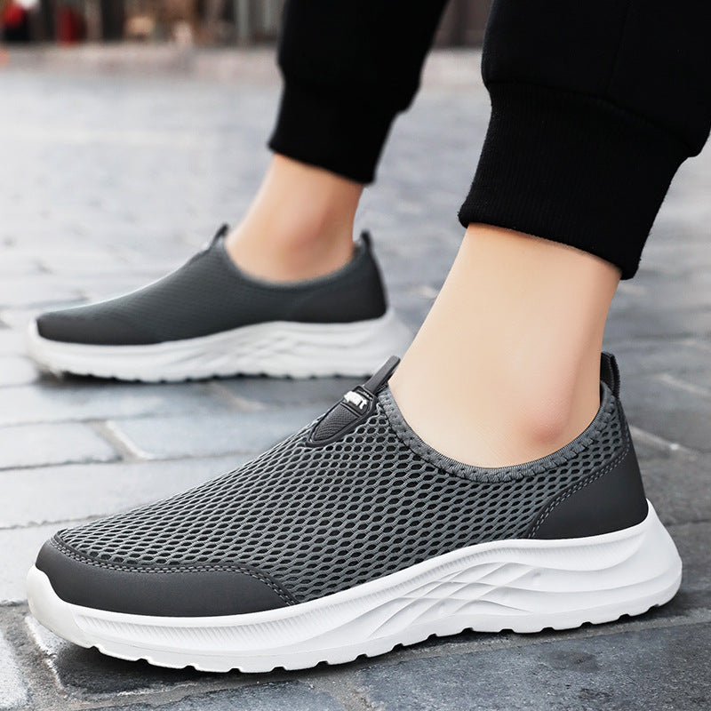 Close-up of breathable mesh fabric on slip-on men's trainers
