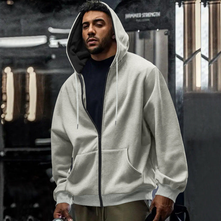 Back view of the men's oversized full-zip hoodie