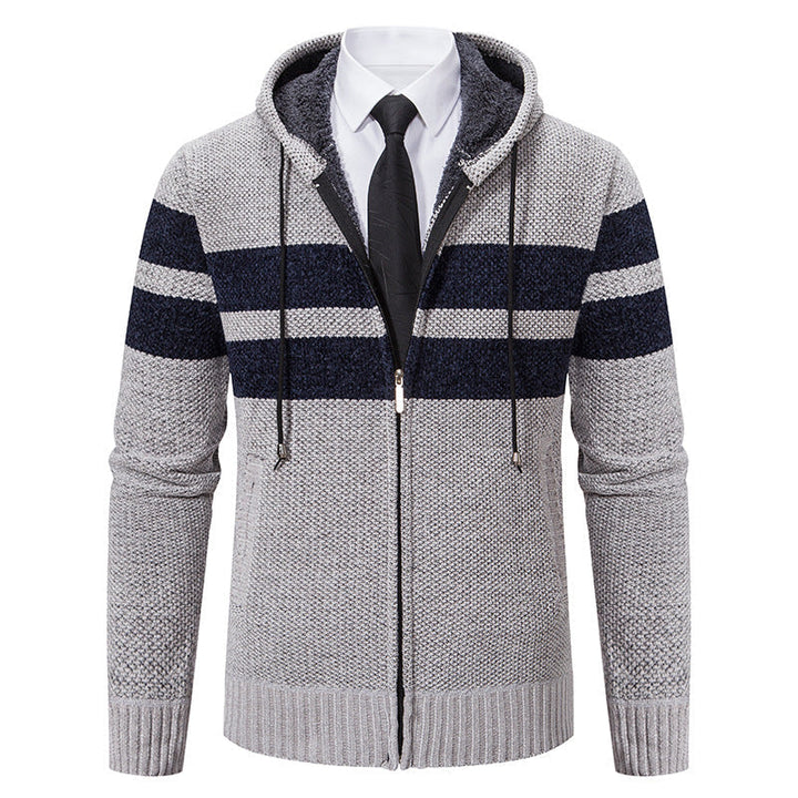 Men's textured knit hooded jacket shown from the front