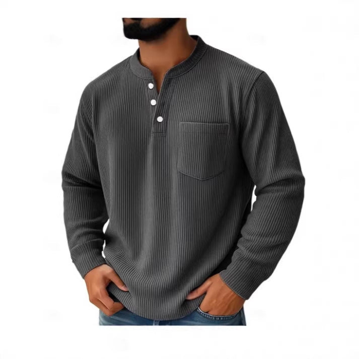 Close-up of the textured waffle knit on a men's Henley shirt