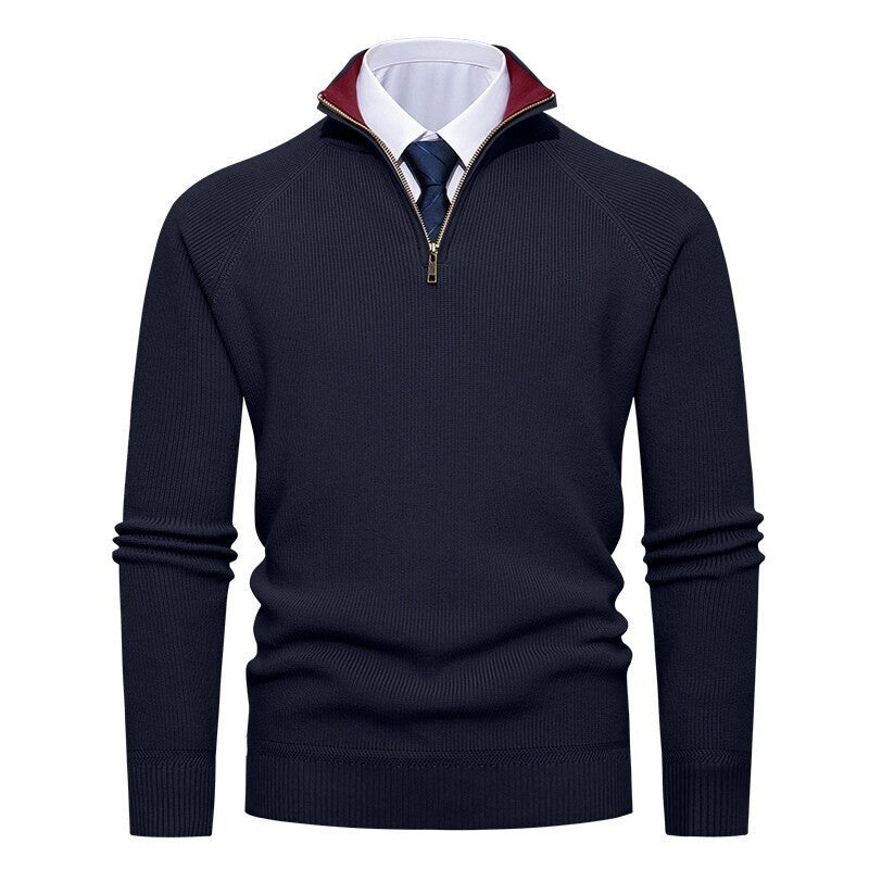 Detail of the contrast inner stand collar on the jumper