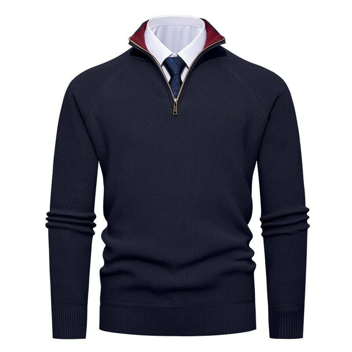 Detail of the contrast inner stand collar on the jumper
