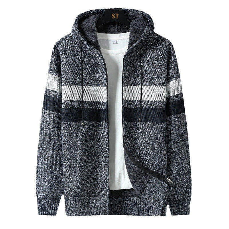 Full-length zip fastening on a men's knitted hooded jacket